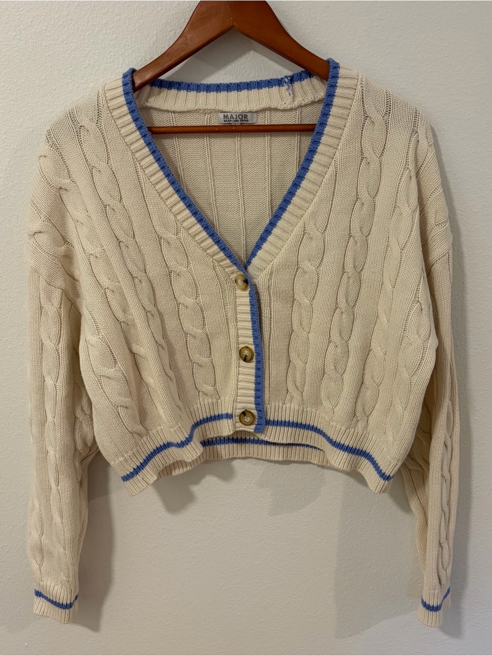 Major Cream Cable V-Neck Cardigan with Blue Trim